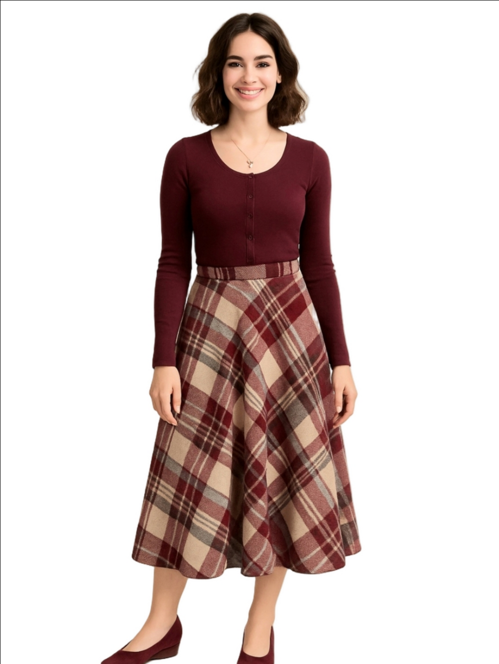 Sears Vintage Maroon & Pink Wool Plaid Midi Skirt A-line Union Made USA Academia